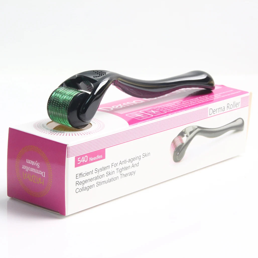 Black and Green 540 Pin Derma Roller for Microneedling - Includes Free Storage Case, Ideal for Facial and Beard Growth