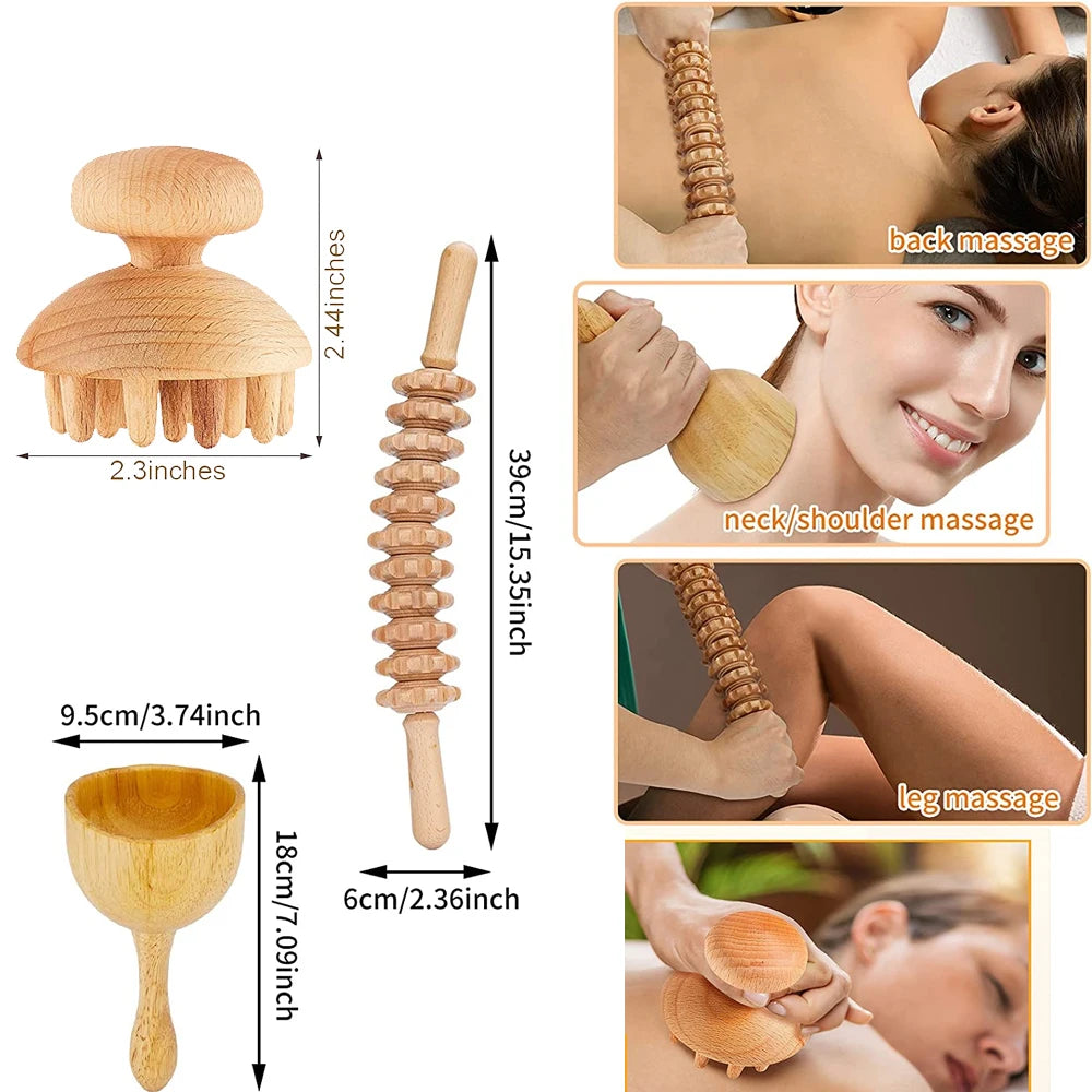 Wood Therapy Massage Tools - Maderoterapia Wooden Gua Sha, Roller, and Swedish Cup Mushroom Massager for Anti-Cellulite Treatment