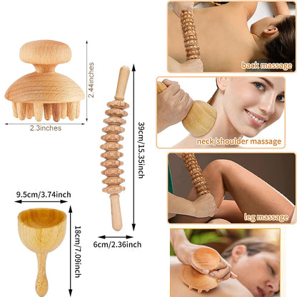 Wood Therapy Massage Tools - Maderoterapia Wooden Gua Sha, Roller, and Swedish Cup Mushroom Massager for Anti-Cellulite Treatment
