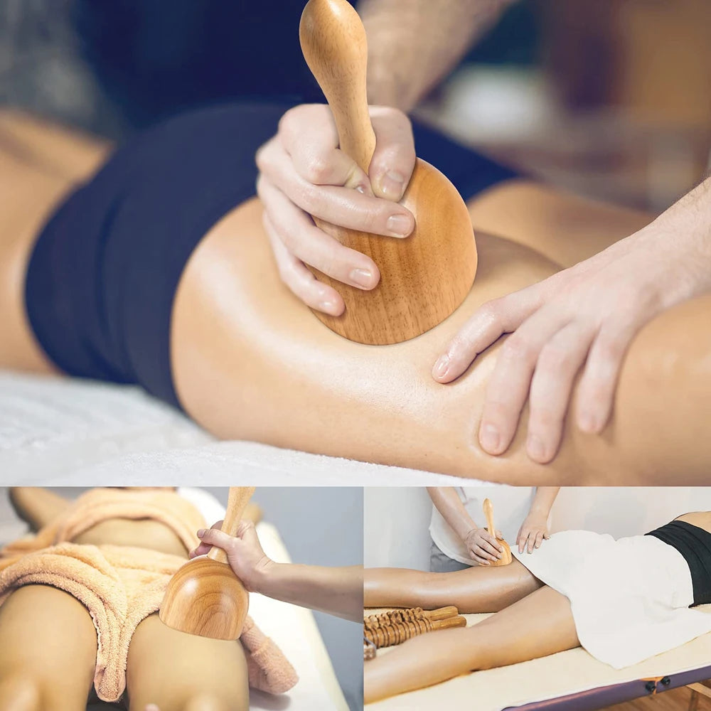 Wood Therapy Massage Tools - Maderoterapia Wooden Gua Sha, Roller, and Swedish Cup Mushroom Massager for Anti-Cellulite Treatment